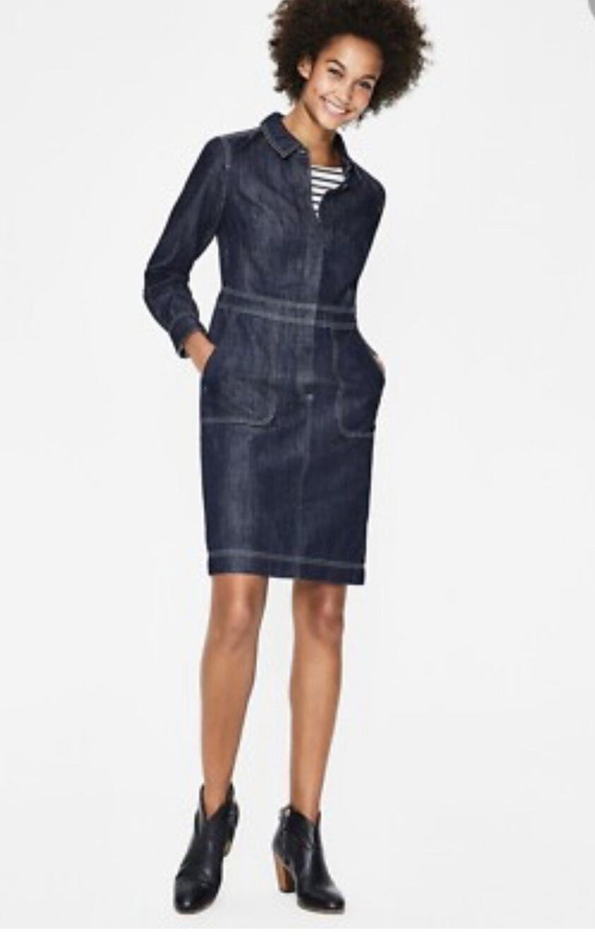Boden 10 Petite Hattie Denim Blue Shirt Dress Button Up Pockets